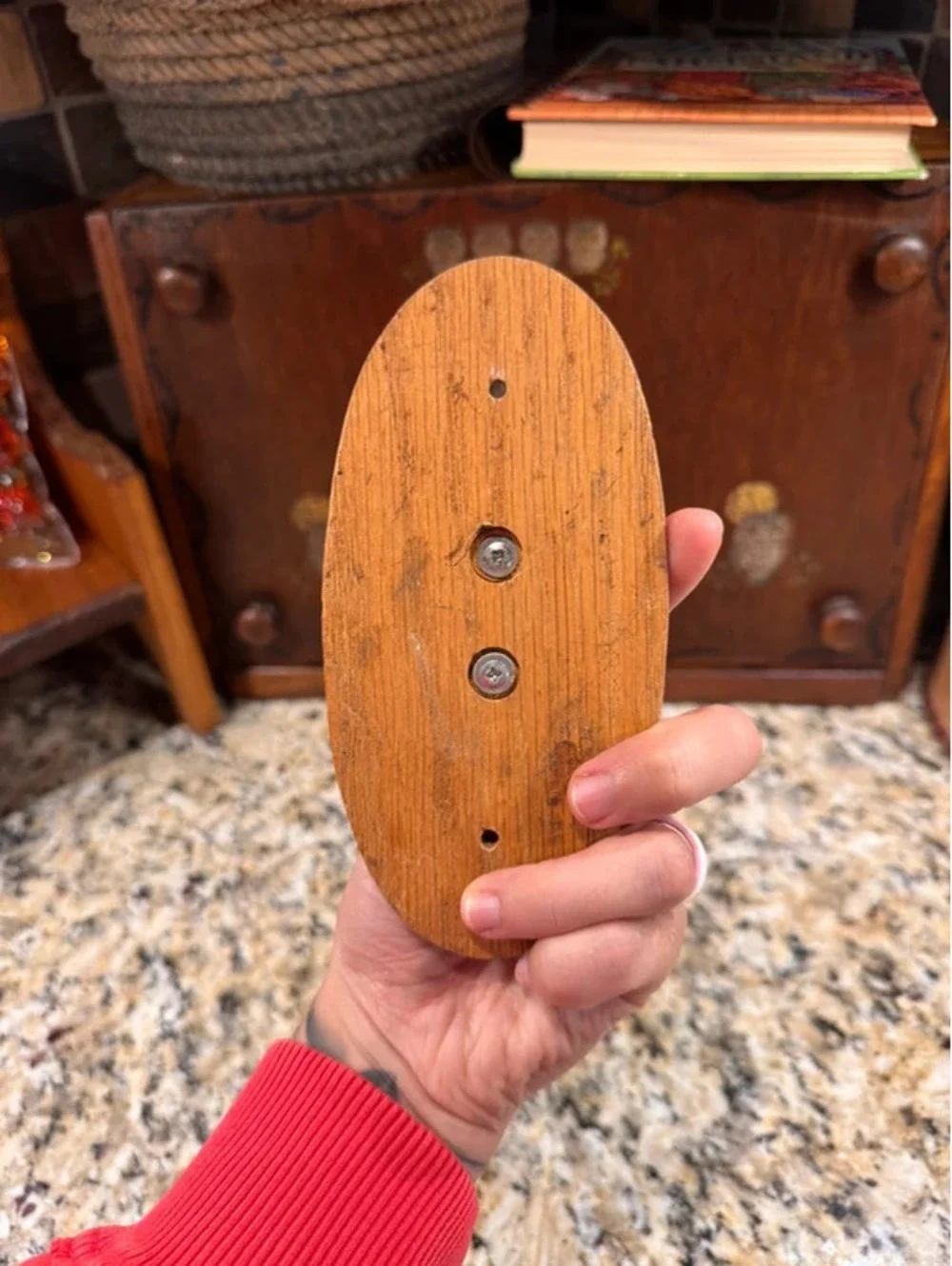 Vintage porcelain and oak wall hook